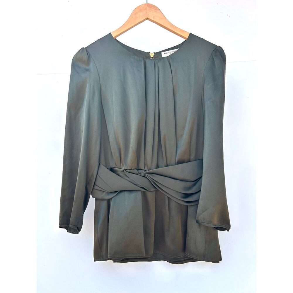 Burberry London Silk Blouse Dressy Top Olive Green Designer UL 10 US 8 Fitted - Picture 2 of 8